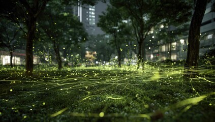 A nighttime city park scene, lush green grass illuminated by numerous glowing fireflies creating luminous trails and streaks against a backdrop of dark trees and softly lit buildings