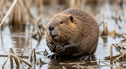 North American Beaver in Wetland Habitat.