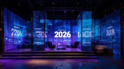 Futuristic New Year 2026 celebration with robotic hands and fireworks over a city skyline.