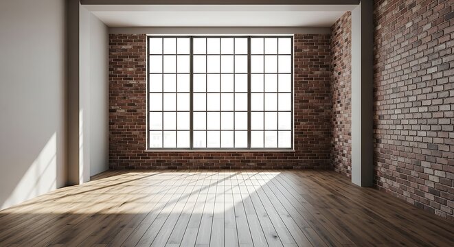 Spacious empty loft interior with exposed brick walls and large window. - Powered by Adobe