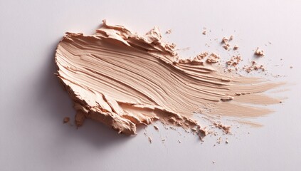 A pale beige cosmetic cream swatch, artfully swiped across a light grey background, showing texture and a slightly crumbly consistency with loose powder particles