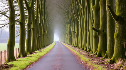 Tree Lined Country Lane with Moss and Tree Trunks