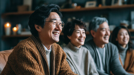 Obraz premium Group of people sitting together, smiling and enjoying cozy atmosphere indoors. They are wearing warm sweaters, suggesting relaxed and happy