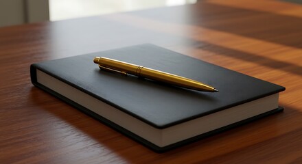 A golden pen rests on a closed black notebook on a wooden desk