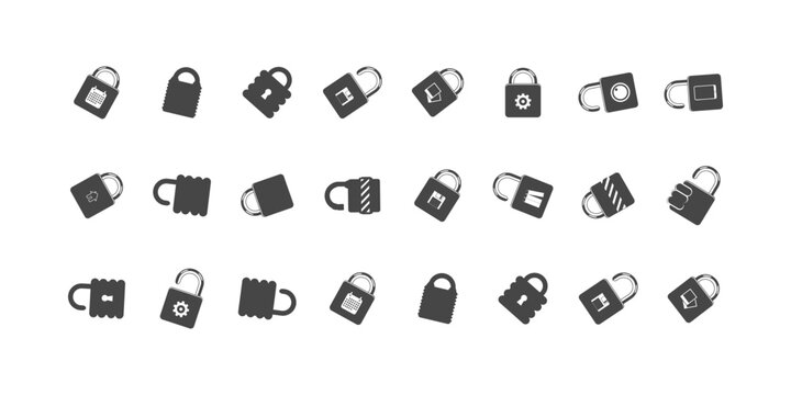 Lock icon collection including locked and unlocked icons in flat black style, ideal for representing security, safety, privacy, access, and protection digitally