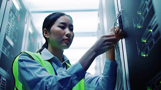 Female IT Technician Working with Cables in a Modern Data Center Server Room