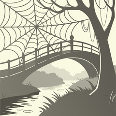 Fototapeta premium Vector art of a bridge with a spiderweb and a tree, creating a mysterious and atmospheric landscape
