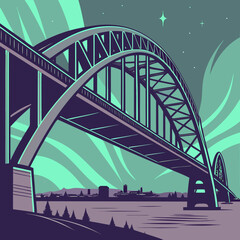 Obraz premium Vector art of a captivating illustration of the sydney harbour bridge at night, showcasing its iconic arch against a backdrop of swirling aurora borealis, creating a surreal and vibrant scene