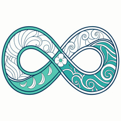 Vector art of infinity symbol with floral and wave patterns, representing balance and harmony, a symbol of endless possibilities and natural beauty