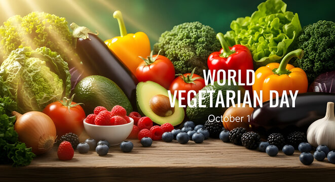 World Vegetarian Day with fresh vegetables and berries on wooden table october 1 fruits - Powered by Adobe