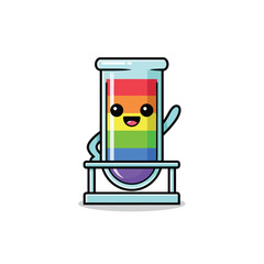 Cute cartoon test tube with rainbow colors waving hand, symbolizing science and LGBTQ+ pride, isolated on white background