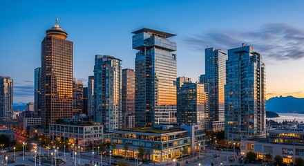 Naklejka premium Modern City Skyline at Sunrise.