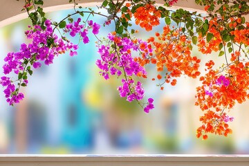 Vibrant bougainvillea cascading down an archway, against a backdrop of pastel-colored buildings