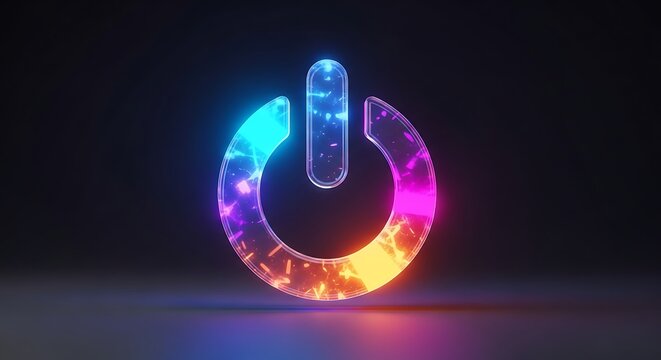 A futuristic, high-resolution 3D illustration of a power button symbol glowing with vibrant neon colors, prominently displayed against a dark, gradient background

