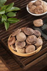 Fresh Dried Shiitake Mushrooms in Wooden Bowls Asian Cooking Ingredients Hotpot Base