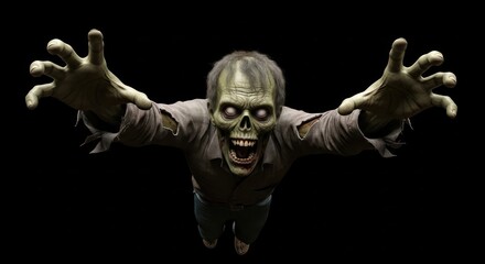 Menacing undead figure emerges from the darkness with outstretched hands and menacing gaze