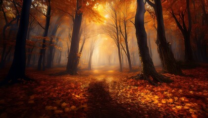 Mysterious Autumn Forest With Golden And Orange Leaves Dramatic Lighting And A Spooky Halloween Atmosphere