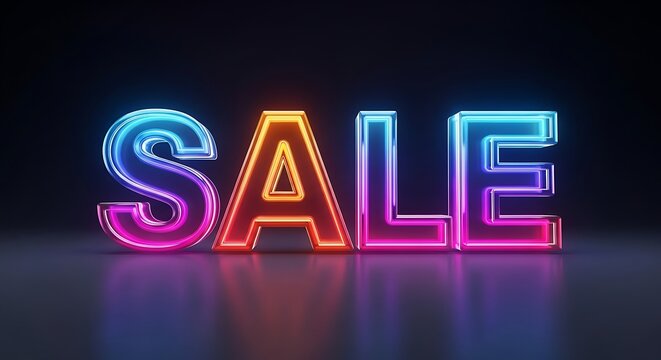 A futuristic, high-resolution 3D illustration of the word "SALE" glowing with vibrant neon colors, set against a sleek, dark gradient background. 
