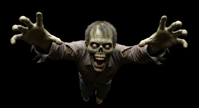 Menacing undead figure emerges from the darkness with outstretched hands and menacing gaze