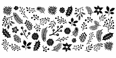 Collection of hand drawn black silhouette christmas winter botanical elements and flowers on white background