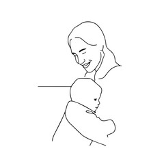 Black and White Vector Illustration of a Beautiful Mother Caring for Child in Minimalist Line Art Style