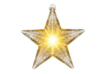 A gleaming gold star ornament, glittering with fine details, stands out against a dark background.