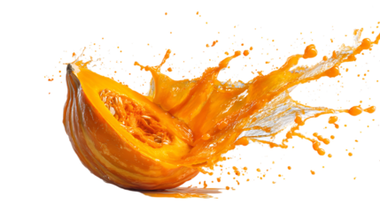 Half pumpkin splashing orange juice isolated on transparent background.