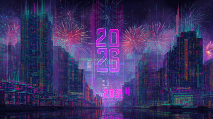 Vibrant celebration for the year 2026 in a futuristic cyberpunk city with fireworks and neon lights.
