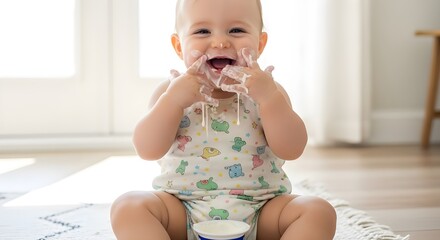 Baby Eating Yogurt Messily | Cute Infant Food Photography