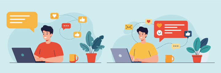 Flat Vector Illustrations of a Man Working on Social Media
