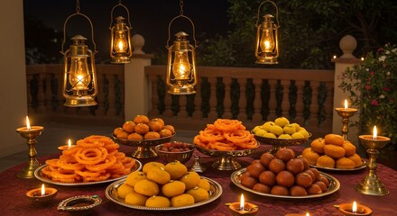 Festive table with sweets oil lamps and hanging lanterns creating a warm cultural ambience