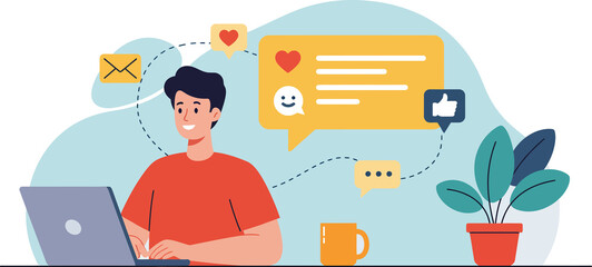 Illustrations of a Man Working on Social Media