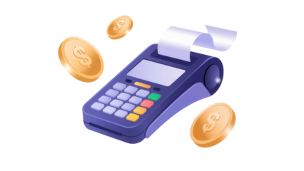 Payment terminal machine with rolling receipt and gold coins floating around it isolated on transparent background