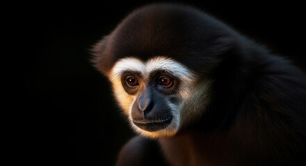 Obraz premium Mystical gibbon portrait against deep darkness showcasing its unique facial markings