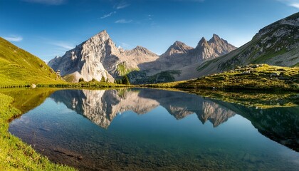 Fototapeta premium Summer Mountain Landscape In The Alps With Rugged Peaks Reflecting In Alpine Lake