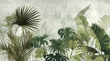 Lush tropical jungle foliage with palm and monstera leaves in muted tones