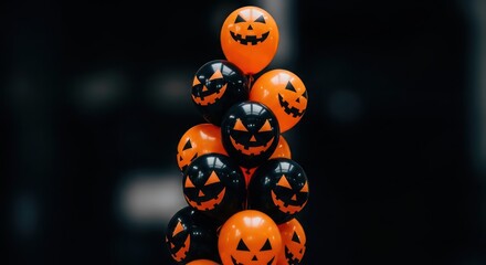 Festive halloween balloons with spooky jack-o'-lantern faces ready for a party decoration bringing