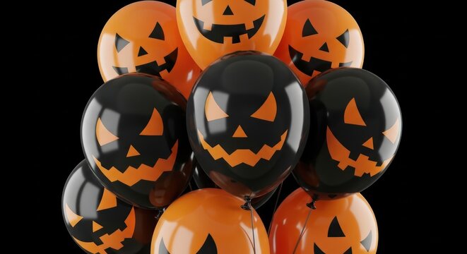 Festive halloween balloons with jack-o'-lantern faces against a black background for spooky season