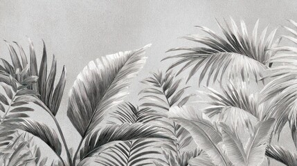 Detailed black and white illustration of lush tropical palm fronds and foliage