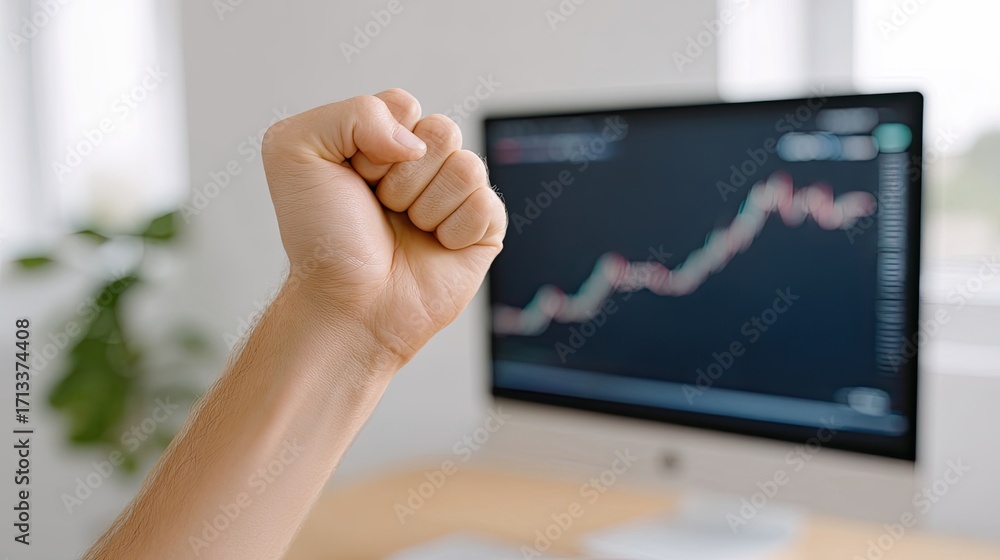 Poster young trader celebrating success with clenched fist in front of computer screen displaying rising st