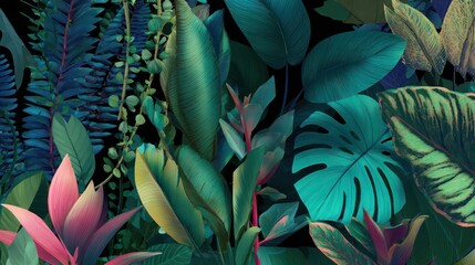 Lush tropical jungle foliage with vibrant pink and green leaves at night