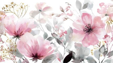 Soft pink watercolor floral background with delicate petals and leaves