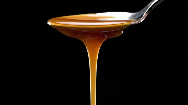 Thick sweet caramel sauce slowly drips from a silver spoon in a closeup view against a dark surface.
