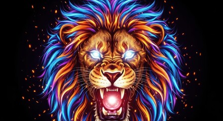 Majestic vibrancy a digital rendering of a fierce lion with bioluminescent mane effect