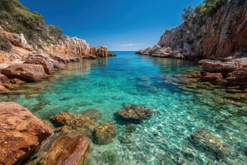 Fototapeta premium Turquoise Cove: Rocky Cliffs and Crystal Clear Water in Sardinia, Italy