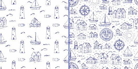 Charming blue ink sketch seamless pattern of nautical elements including lighthouses sailboats houses and compasses