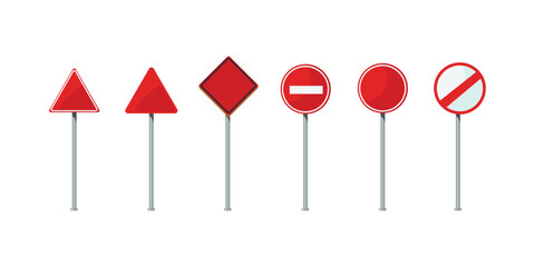 Realistic road sign pole and blank street traffic signage vector set. Stop boards, signaling tables, isolated signal plates, road direction signs, transportation design