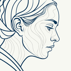 Vector art of a minimalist line art illustration of a womans face in profile, showcasing clean lines and a serene expression, the artwork emphasizes simplicity and elegance