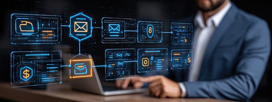 Businessman working on a laptop with digital interface showing email and security system