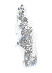 A comprehensive black and white vector map of Navi Mumbai displaying highways, buildings, and waterways in clear outline style.